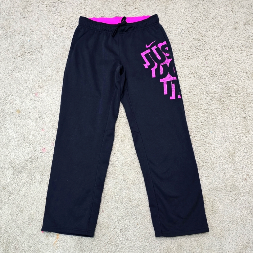 Women Nike Therma-Fit Pants Just Do It Fleece Sweat Jogger Black Ankle Zip Large